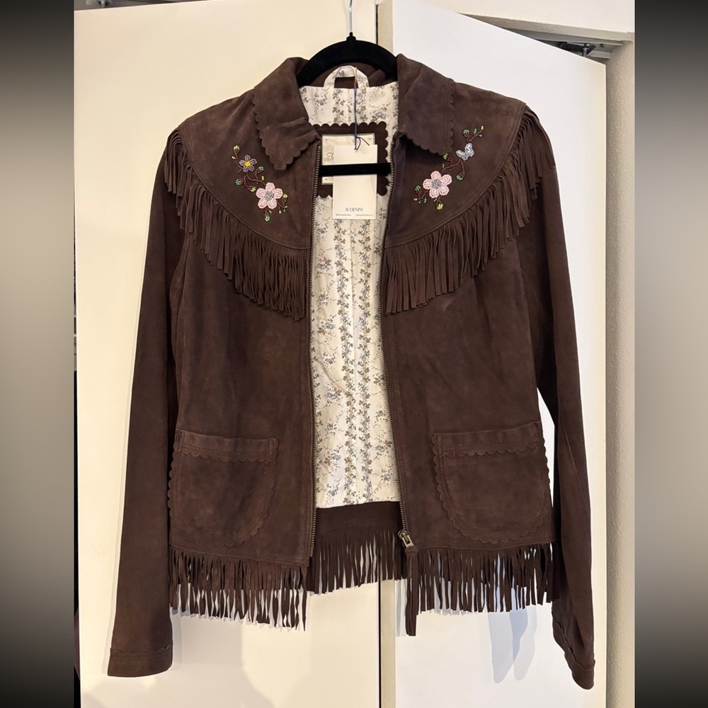Brown suede fringe embroidered cowgirl jacket